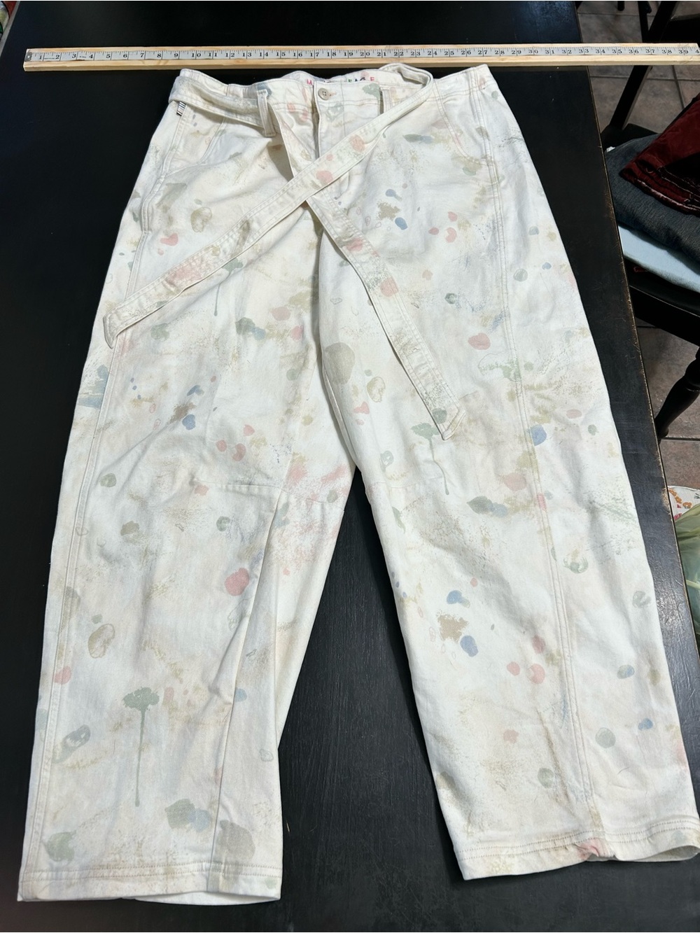 American Eagle Outfitters White Painter-Spot Tie-Belt Pants